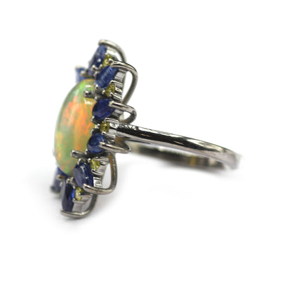 Ethiopian opal Kyanite Silver Pave Diamond Ring .925 Oxidized Sterling Silver Diamond Ring