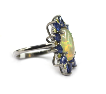 Ethiopian opal Kyanite Silver Pave Diamond Ring .925 Oxidized Sterling Silver Diamond Ring