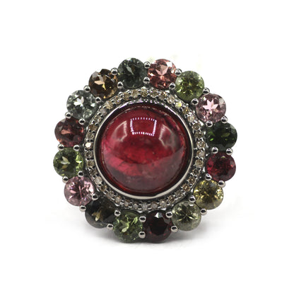 Tourmaline Stone Silver Diamond Ring
