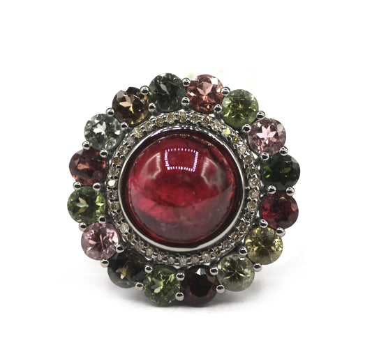 Tourmaline Stone Silver Diamond Ring