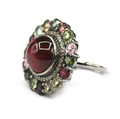 Tourmaline Stone Silver Diamond Ring