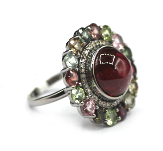 Tourmaline Stone Silver Diamond Ring