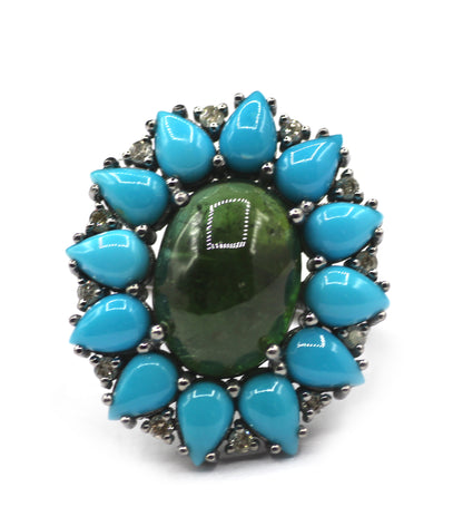 Turquoise Silver Diamond Ring With Tourmaline Stone