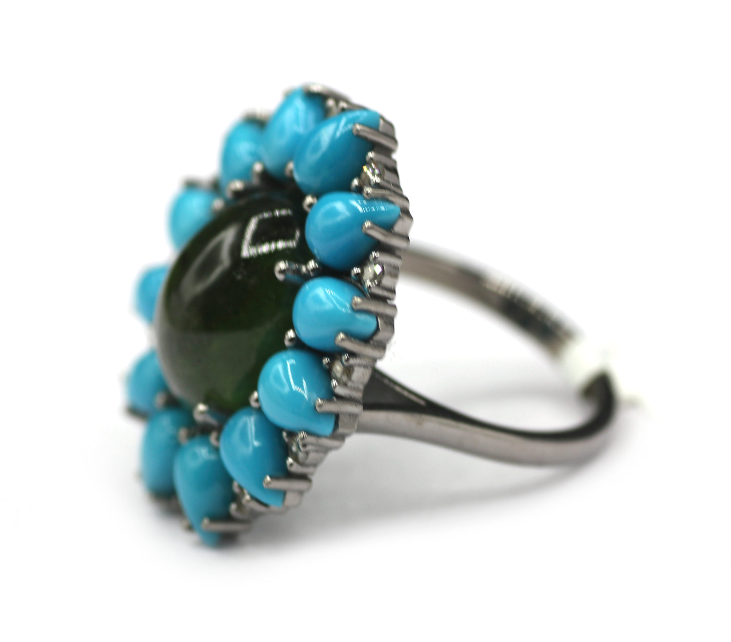 Turquoise Silver Diamond Ring With Tourmaline Stone