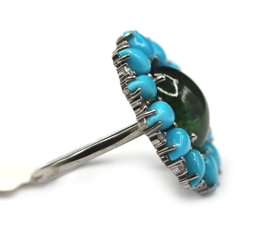Turquoise Silver Diamond Ring With Tourmaline Stone