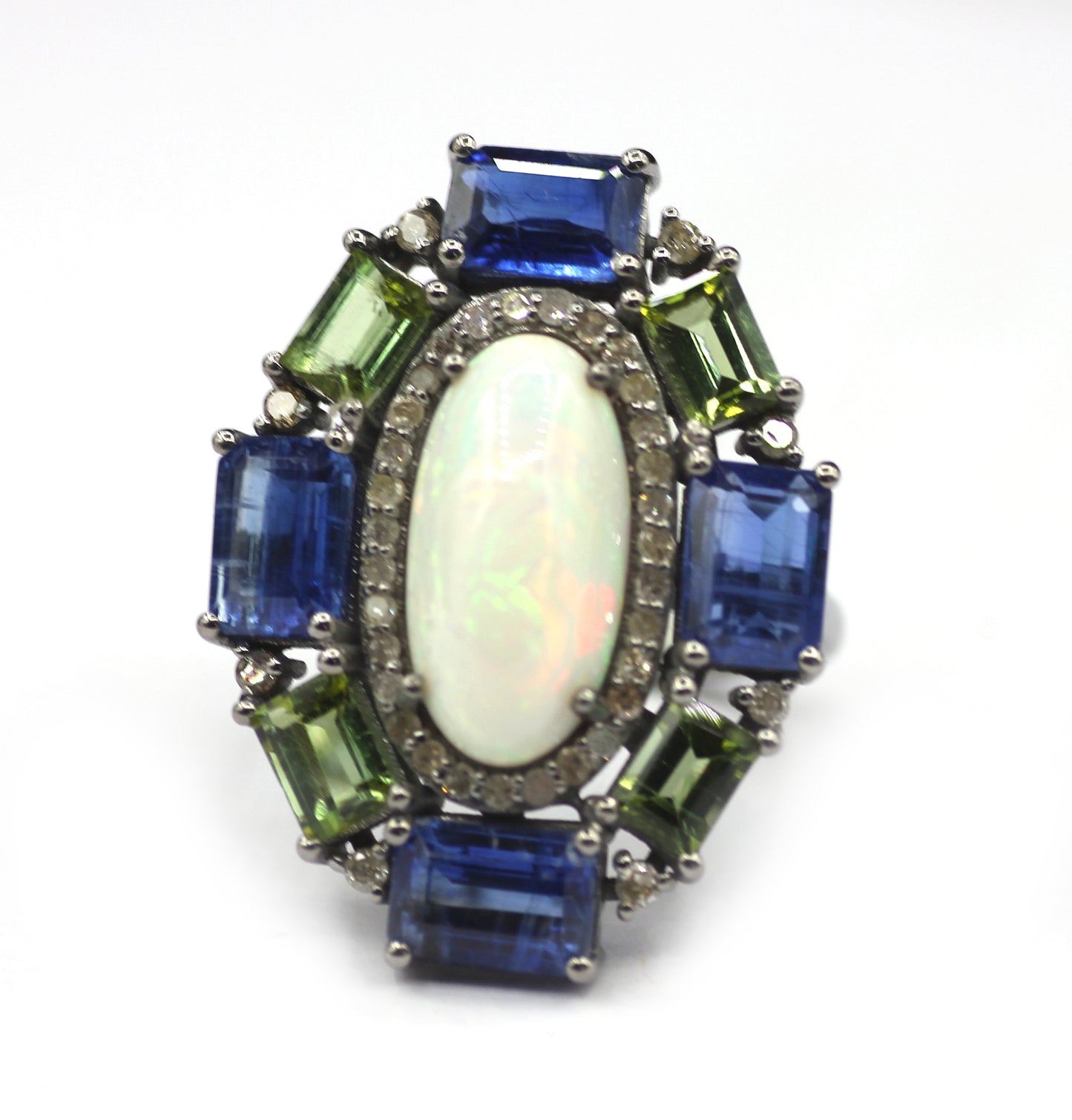 Ethiopian opal Silver Diamond Ring