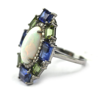 Ethiopian opal Silver Diamond Ring