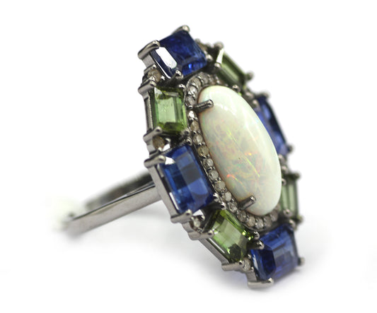 Ethiopian opal Silver Diamond Ring