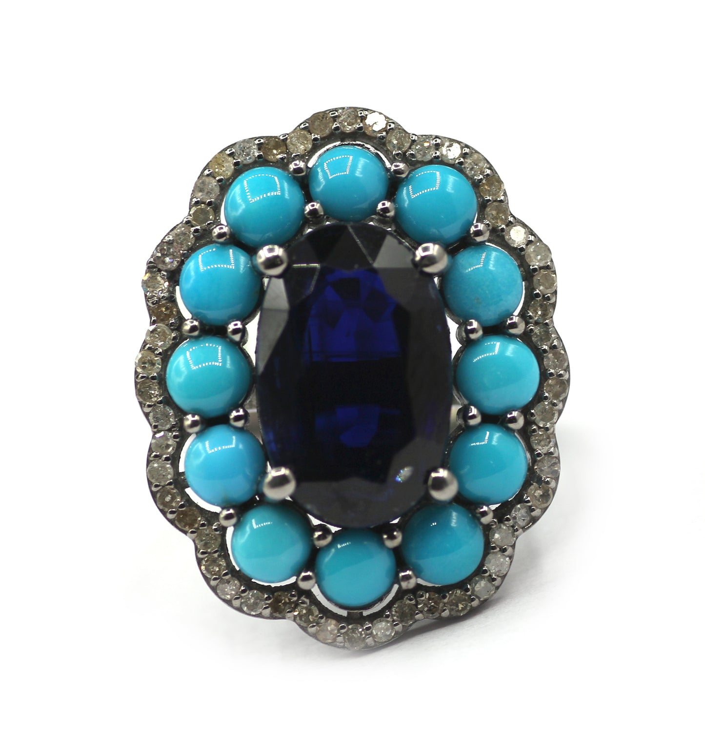 Turquoise Silver Diamond Ring With Kyanite Stone