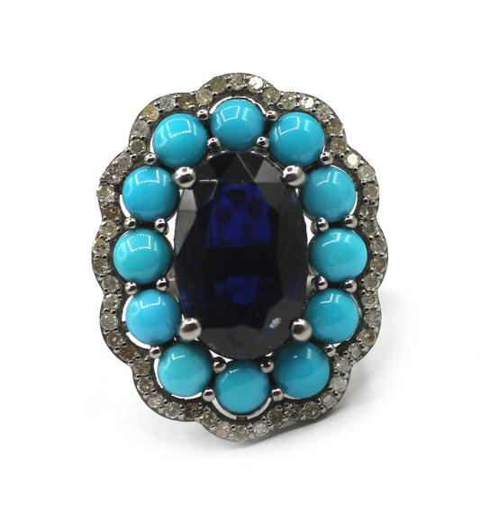 Turquoise Silver Diamond Ring With Kyanite Stone