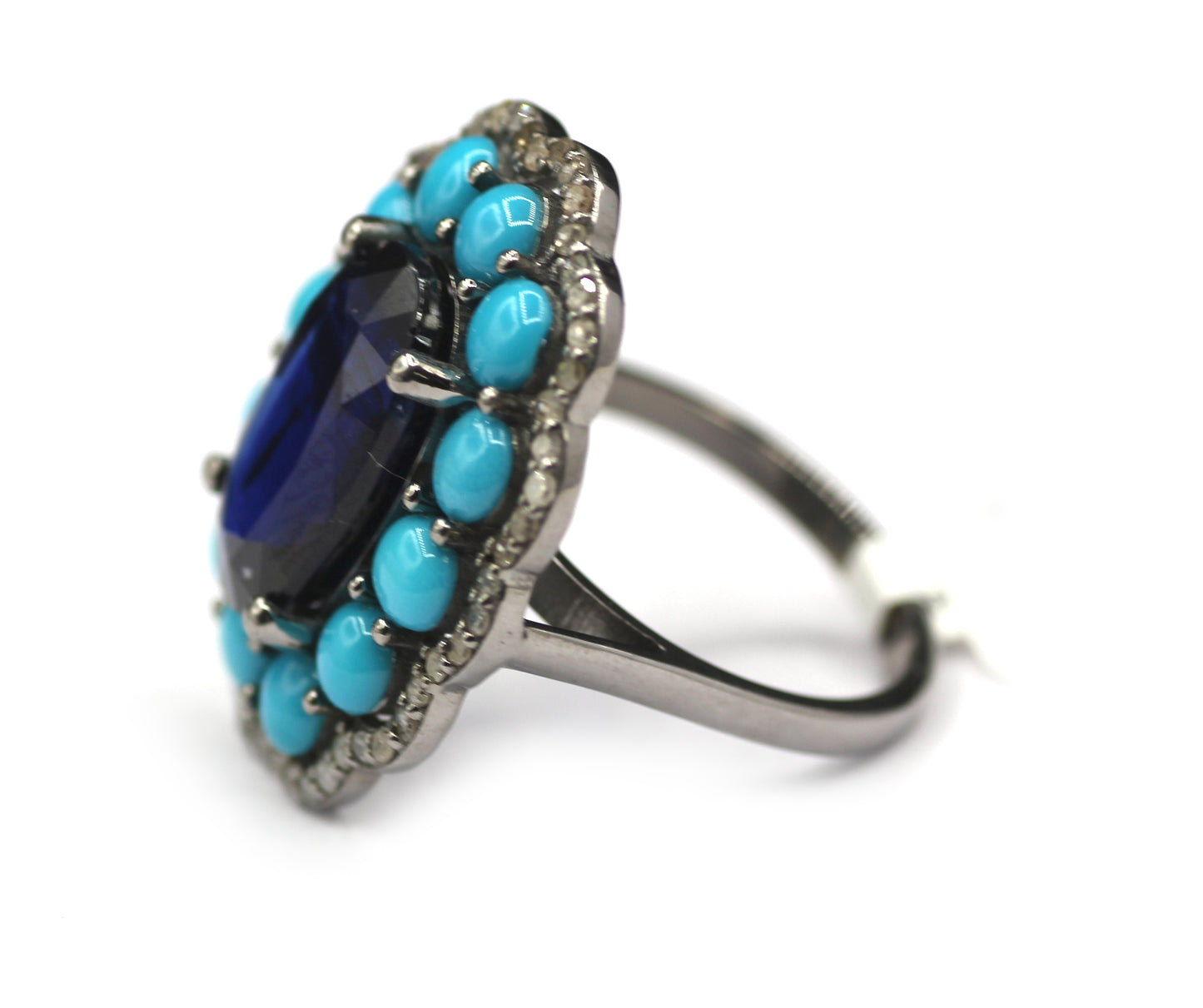 Turquoise Silver Diamond Ring With Kyanite Stone