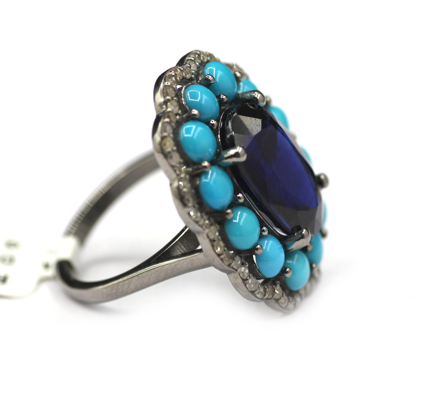 Turquoise Silver Diamond Ring With Kyanite Stone