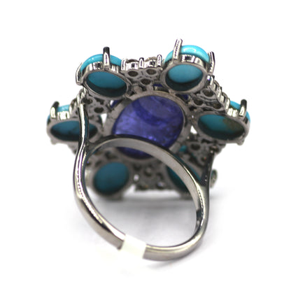 Tanzanite Silver Diamond Ring With Turquoise Stone
