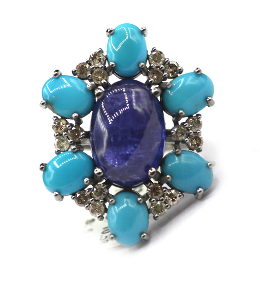 Tanzanite Silver Diamond Ring With Turquoise Stone