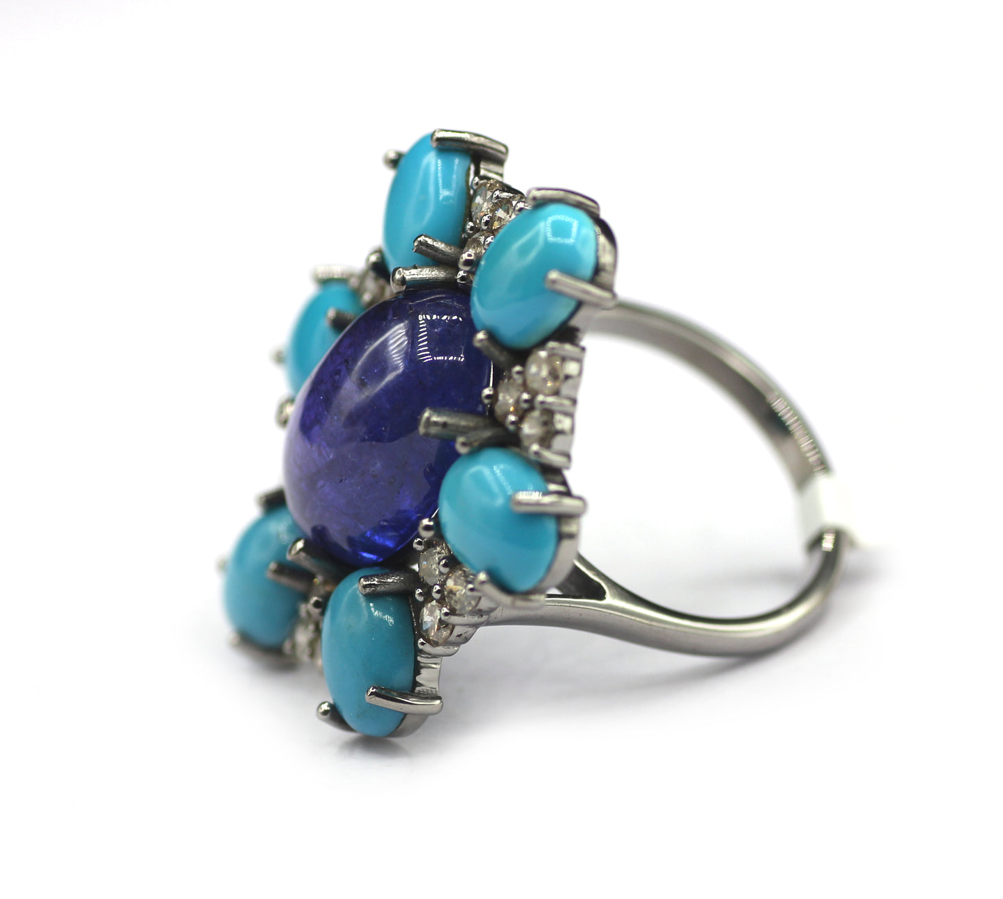 Tanzanite Silver Diamond Ring With Turquoise Stone
