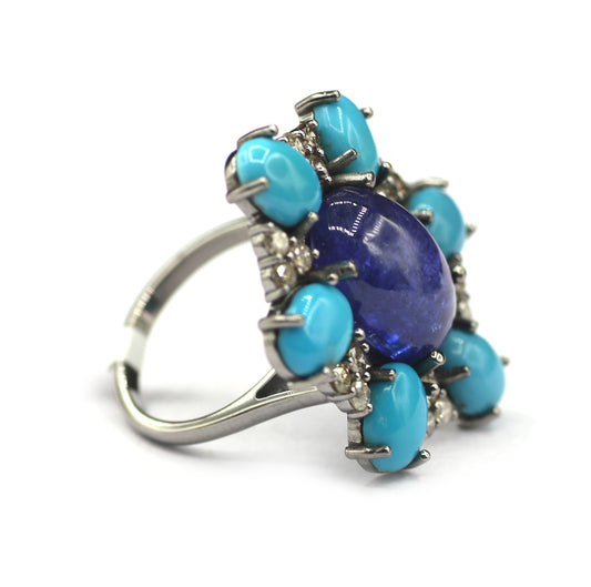 Tanzanite Silver Diamond Ring With Turquoise Stone