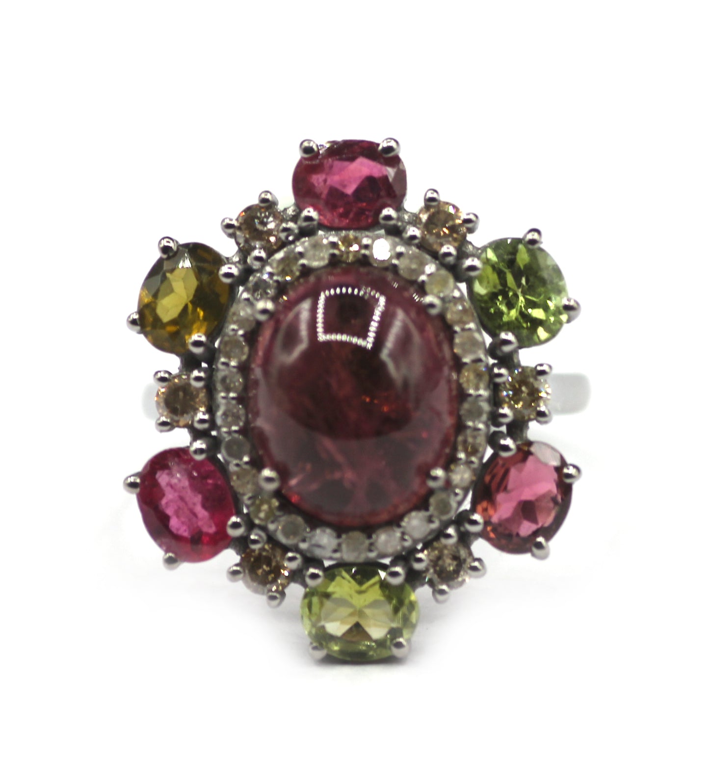 Tourmaline Stone Silver Diamond Ring