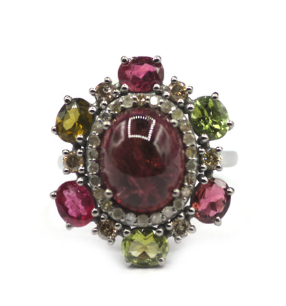 Tourmaline Stone Silver Diamond Ring