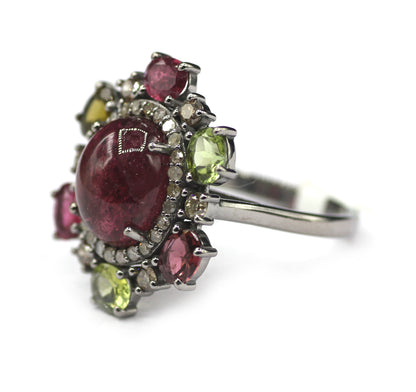 Tourmaline Stone Silver Diamond Ring