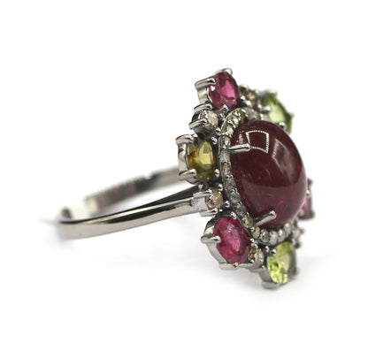 Tourmaline Stone Silver Diamond Ring