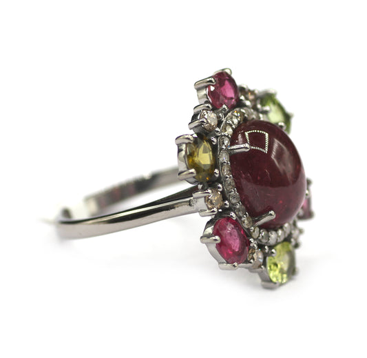 Tourmaline Stone Silver Diamond Ring