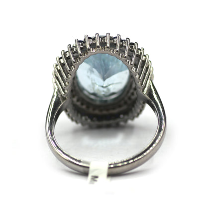 Aquamarine Silver Diamond Ring With Blues Sapphire Stone