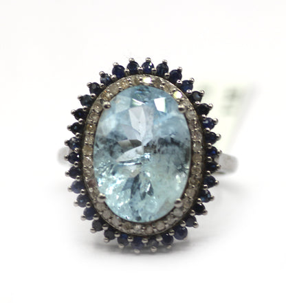 Aquamarine Silver Diamond Ring With Blues Sapphire Stone