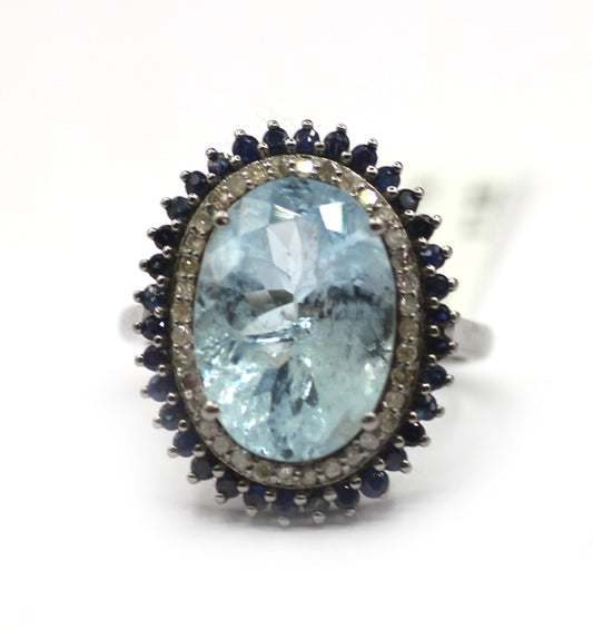 Aquamarine Silver Diamond Ring With Blues Sapphire Stone