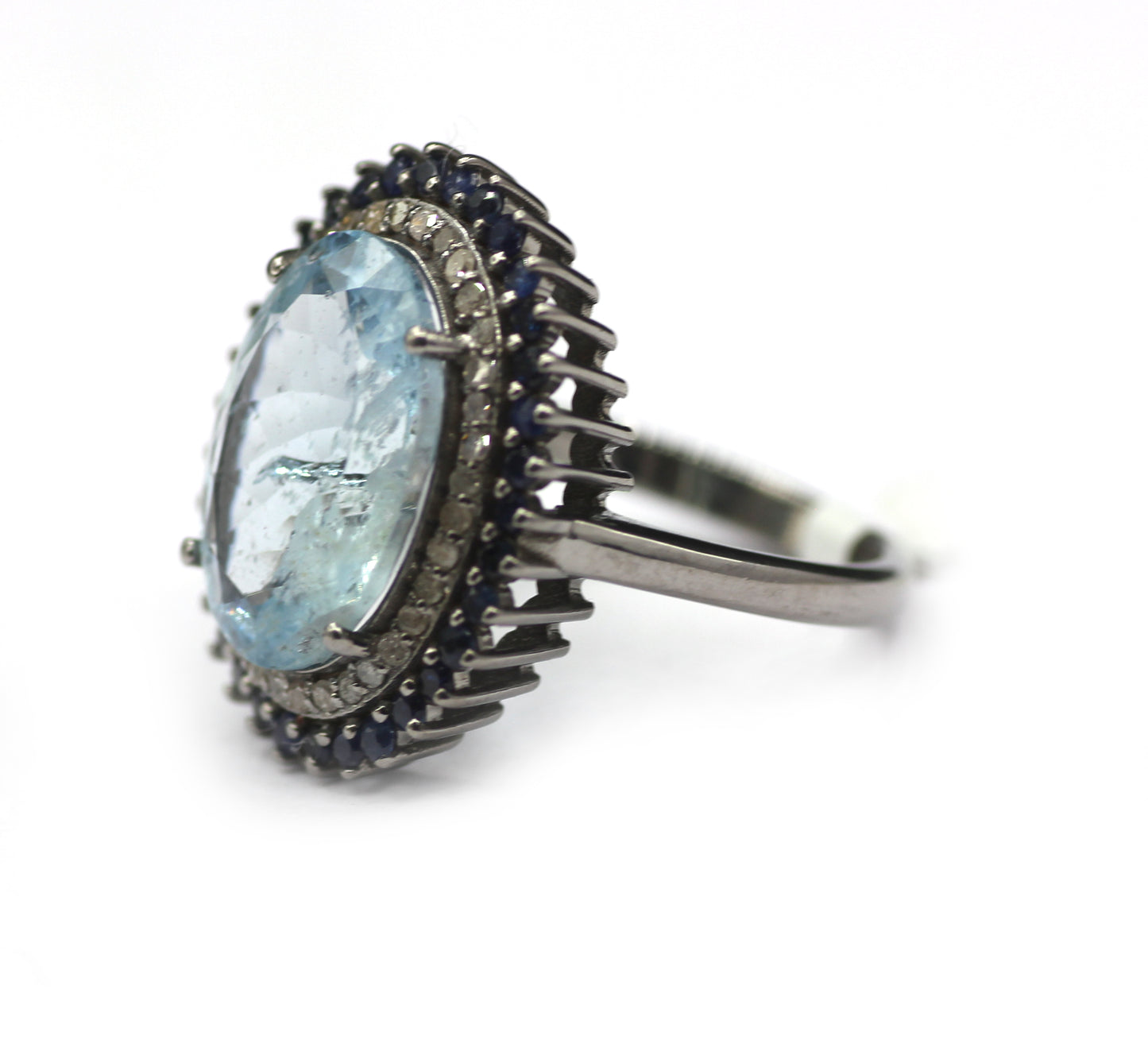 Aquamarine Silver Diamond Ring With Blues Sapphire Stone