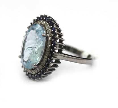 Aquamarine Silver Diamond Ring With Blues Sapphire Stone