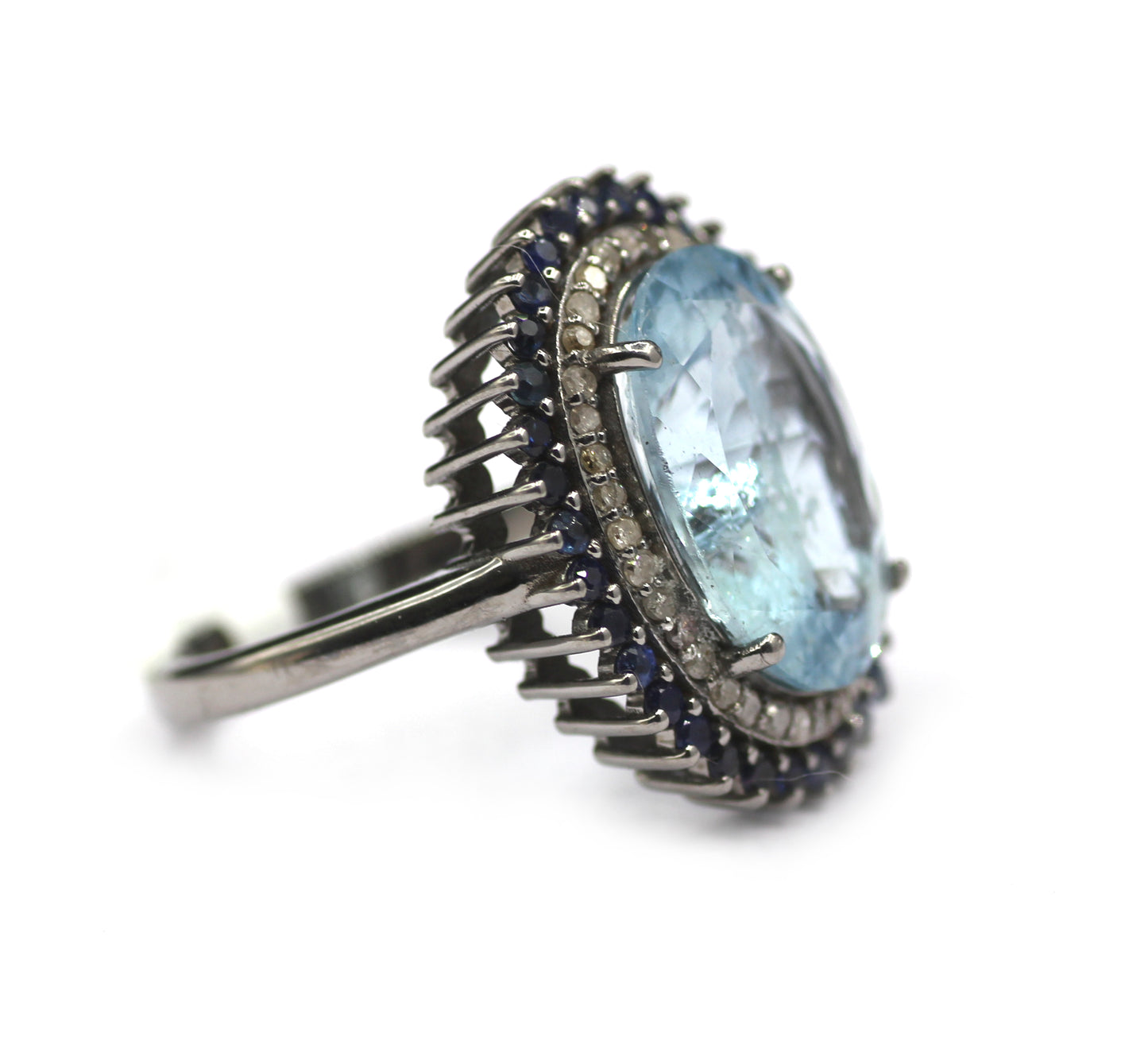 Aquamarine Silver Diamond Ring With Blues Sapphire Stone