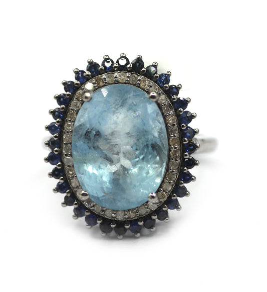 Aquamarine Silver Diamond Ring With Blues Sapphire Stone