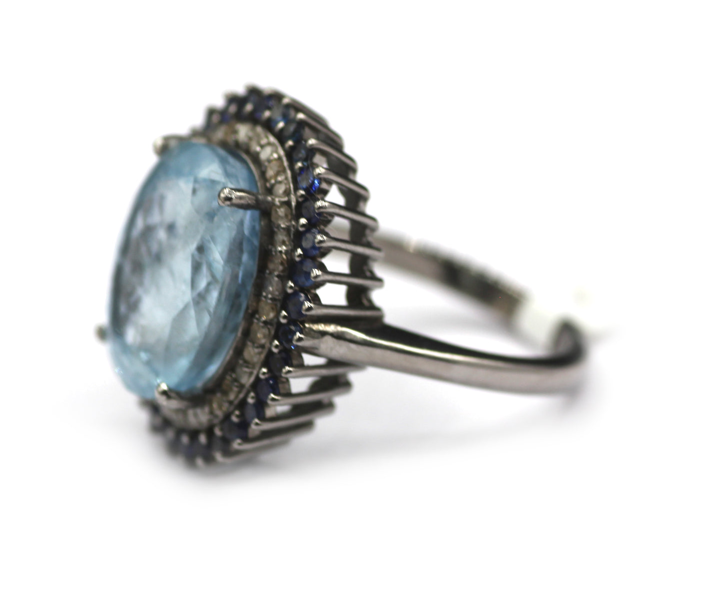 Aquamarine Silver Diamond Ring With Blues Sapphire Stone