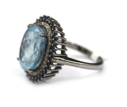 Aquamarine Silver Diamond Ring With Blues Sapphire Stone