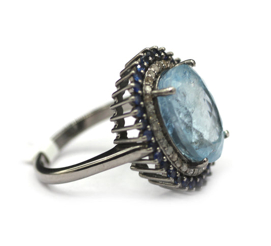 Aquamarine Silver Diamond Ring With Blues Sapphire Stone