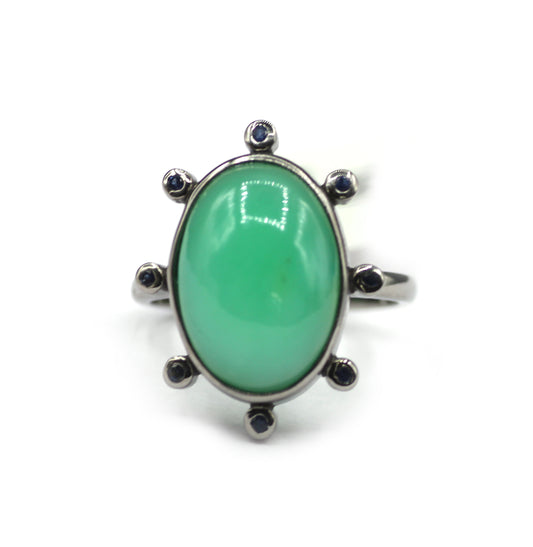 Chrysoprase Silver Blue Sapphire Stone Ring .925 Oxidized Sterling Silver Blue Sapphire Ring