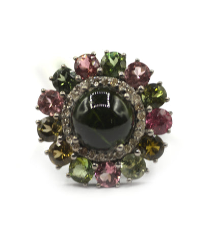 Tourmaline Silver Diamond Ring