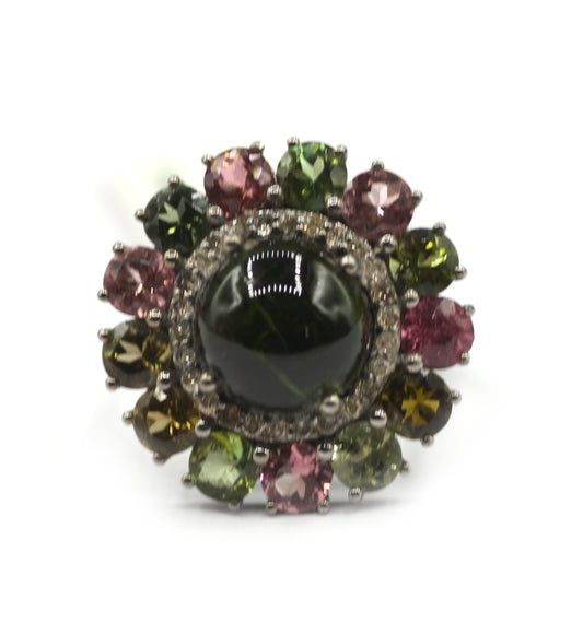 Tourmaline Silver Diamond Ring