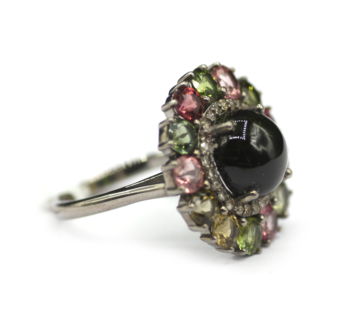 Tourmaline Silver Diamond Ring