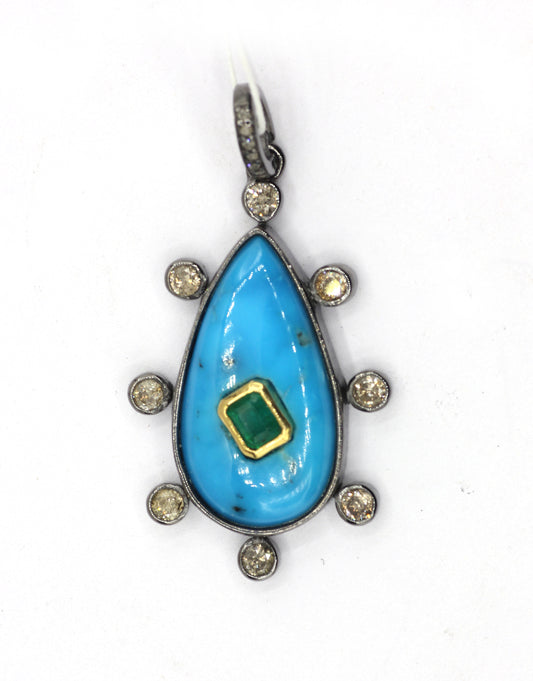 Silver Pave Diamond Pendant With Turquoise Stone