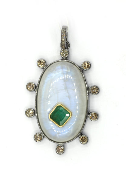 Oval Silver Pave Diamond Pendant With Moonstone