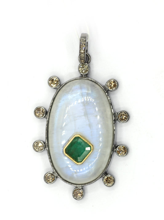 Oval Silver Pave Diamond Pendant With Moonstone