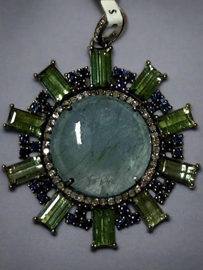 Circle Moss Aqua Tourmaline Sapphire Diamond Pendant