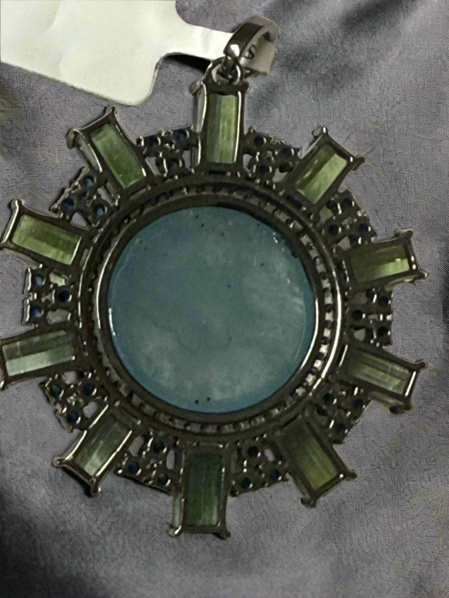 Circle Moss Aqua Tourmaline Sapphire Diamond Pendant