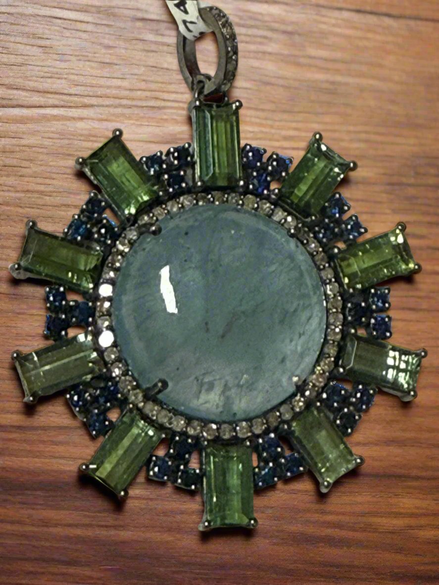 Circle Moss Aqua Tourmaline Sapphire Diamond Pendant