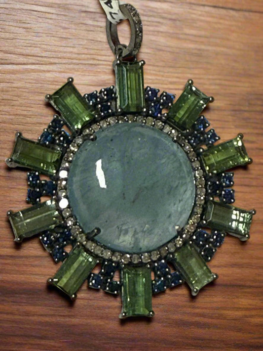 Circle Moss Aqua Tourmaline Sapphire Diamond Pendant