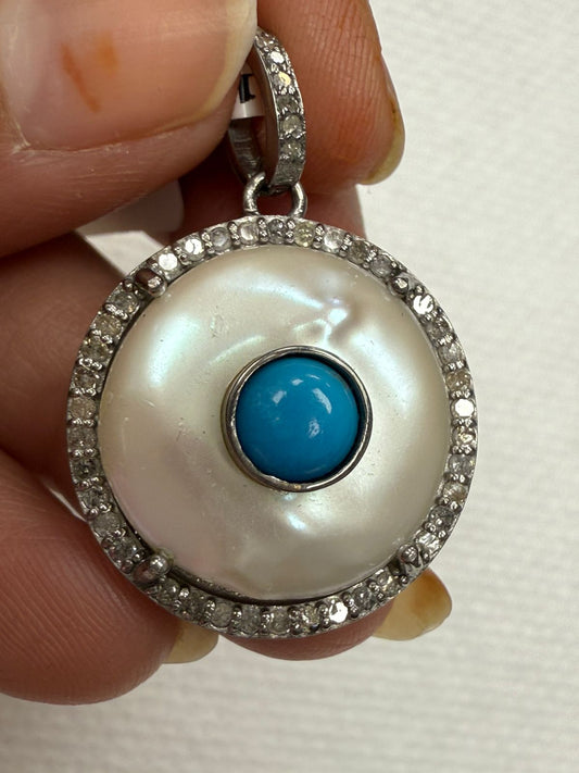 Pearl Circle Turquoise Diamond Pendant