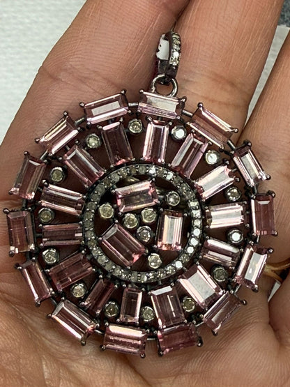 Big Circle Pinnk Tourmalilne Diamond Pendant