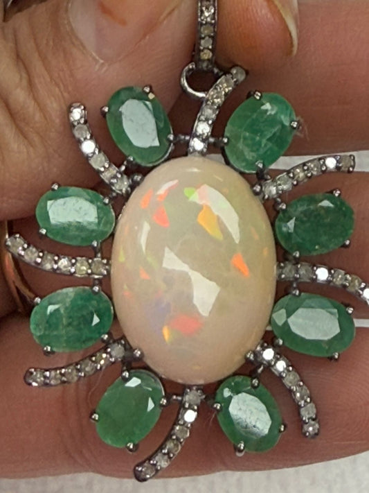 Oval Flower Opal Emerald Diamond Pendant