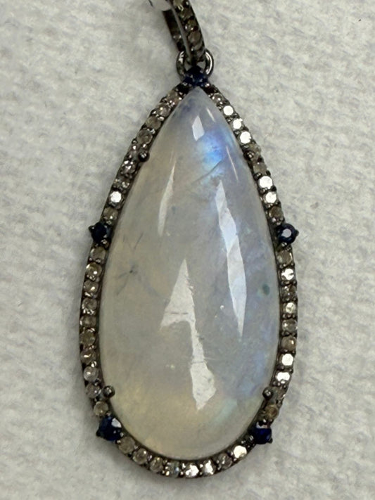 Drop Moonstone Sapphire Diamond Pendant